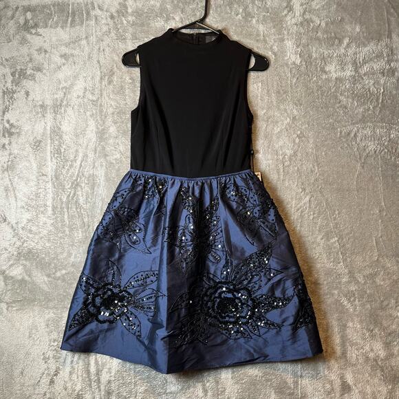Adrianna Papell Sz 2 Jersey & Taffeta High‎ Neckline Beaded Dress Navy Black New - Picture 1 of 9